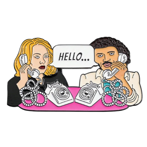 Funny enamel pin featuring parody retro phone conversation inspired by iconic “Hello” pop culture references