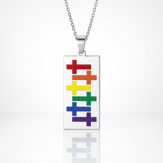 Stainless steel rainbow equality pendant necklace with colorful Pride-inspired geometric design