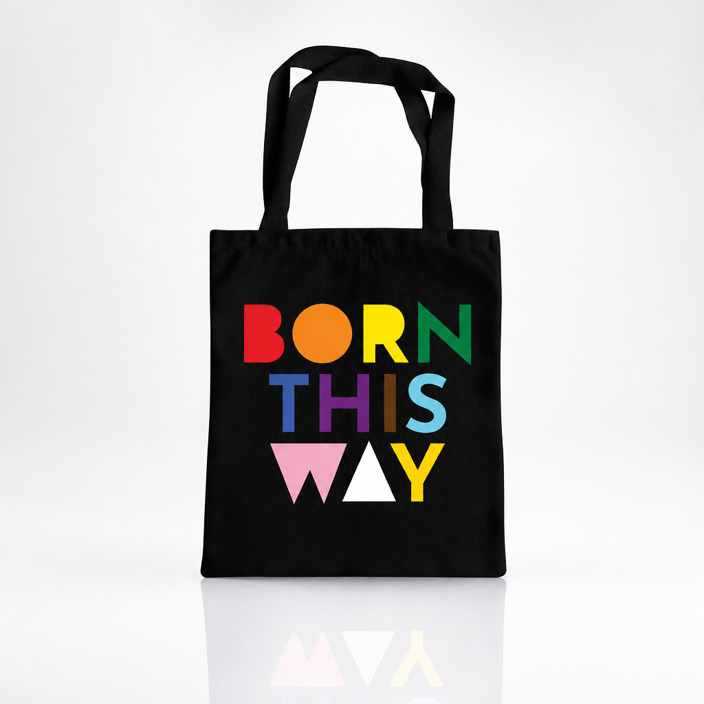 Black Born This Way Pride tote bag with colorful typography design