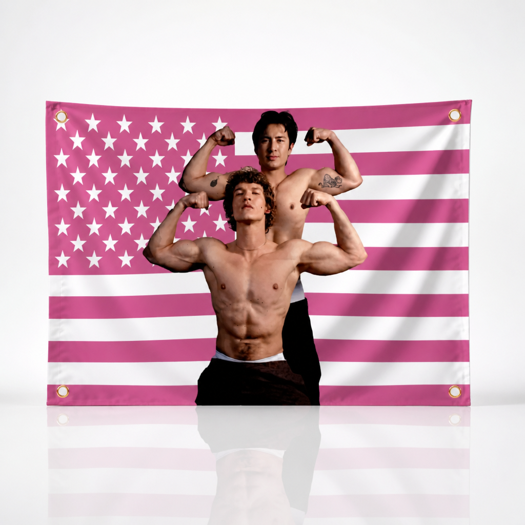 Large Heated Rivalry fan-inspired wall flag featuring vibrant hockey romance artwork with metal grommets for hanging.
