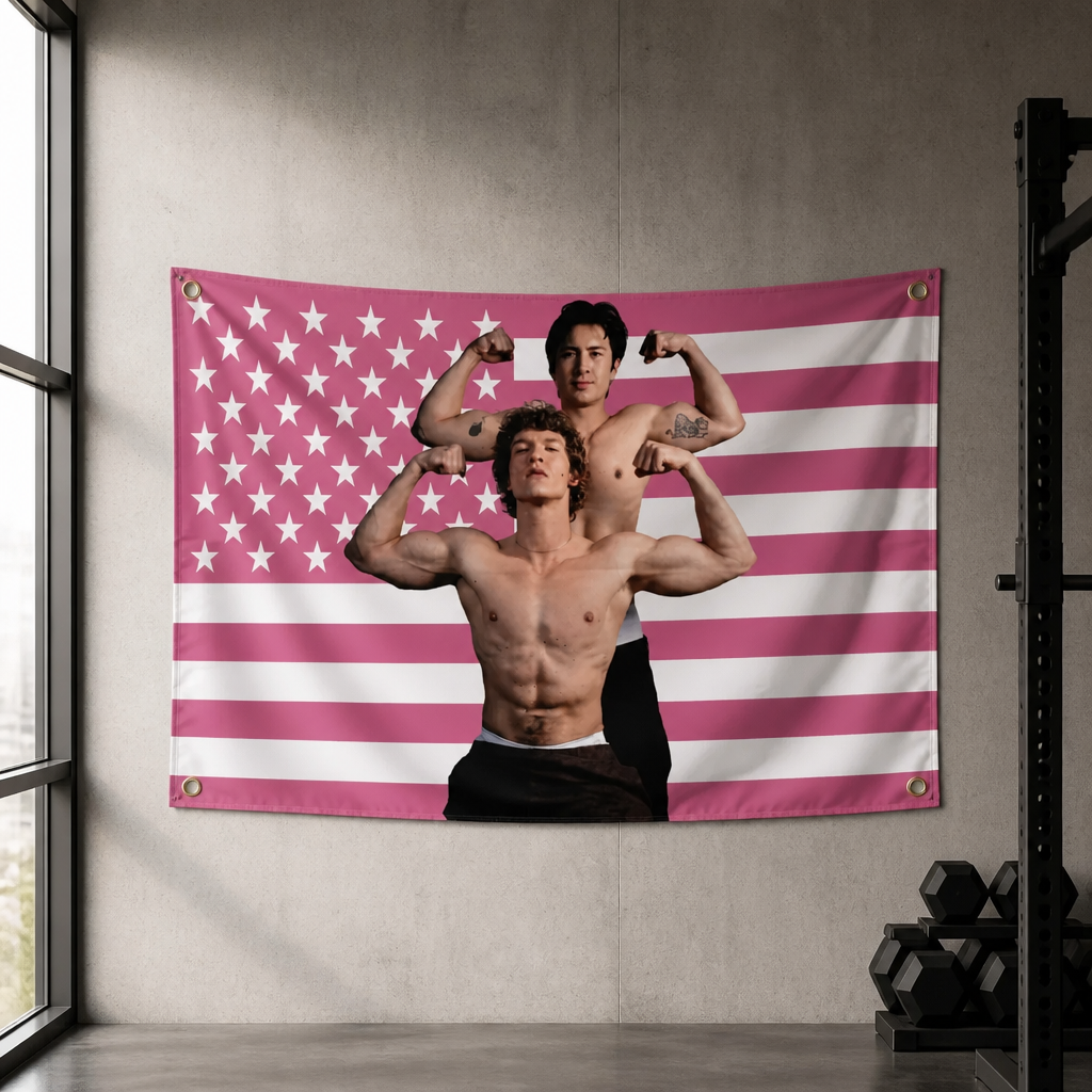 Large Heated Rivalry fan-inspired wall flag featuring vibrant hockey romance artwork with metal grommets for hanging.