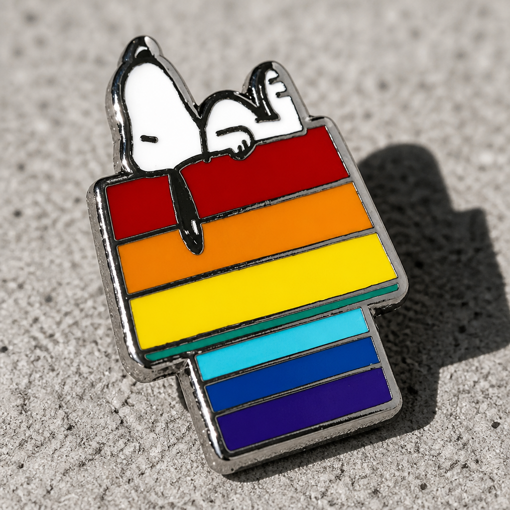 Official Peanuts enamel pin featuring Snoopy resting on a rainbow-colored doghouse on a concrete background