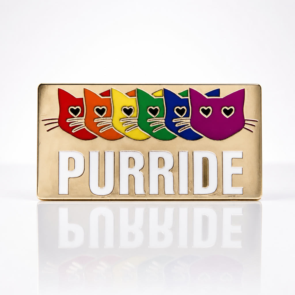 Purride enamel pin featuring six rainbow-colored cats and Pride-inspired design