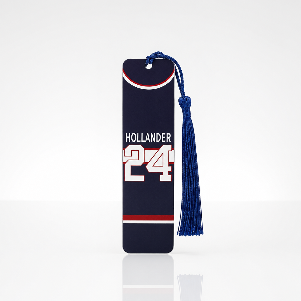 Double-sided Heated Rivalry steel bookmark featuring Hollander #24 on one side and Rozanov #81 on the reverse with blue tassel.