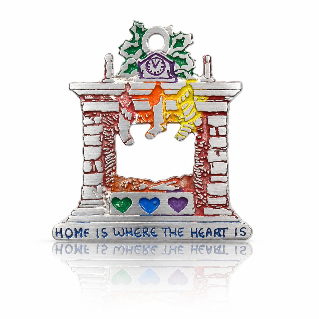 Handmade pewter rainbow fireplace ornament featuring colorful stockings, rainbow hearts, and the phrase "Home Is Where the Heart Is."