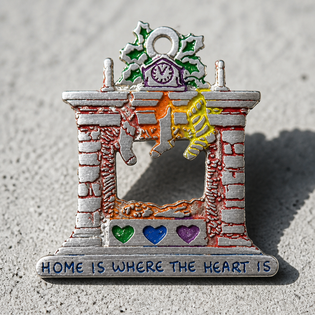 Handmade pewter rainbow fireplace ornament featuring colorful stockings, rainbow hearts, and the phrase "Home Is Where the Heart Is." displayed on a concrete surface