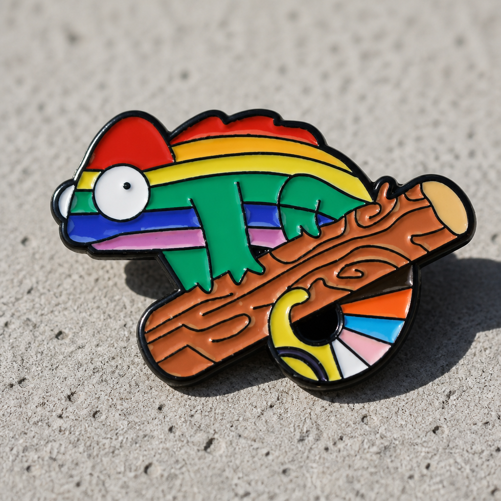 Rainbow chameleon Pride enamel pin perched on a branch