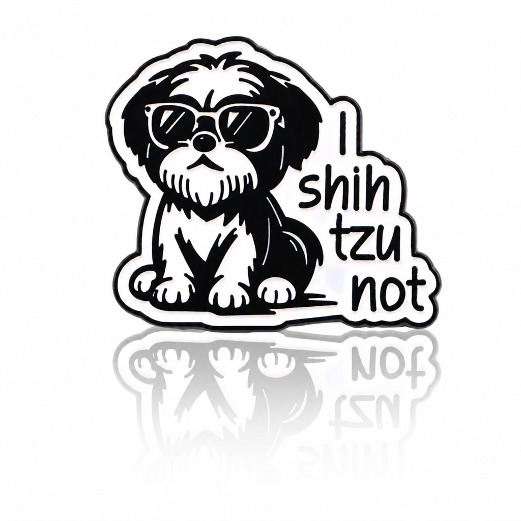 Black and white Shih Tzu dog enamel pin wearing sunglasses with I Shih Tzu Not text