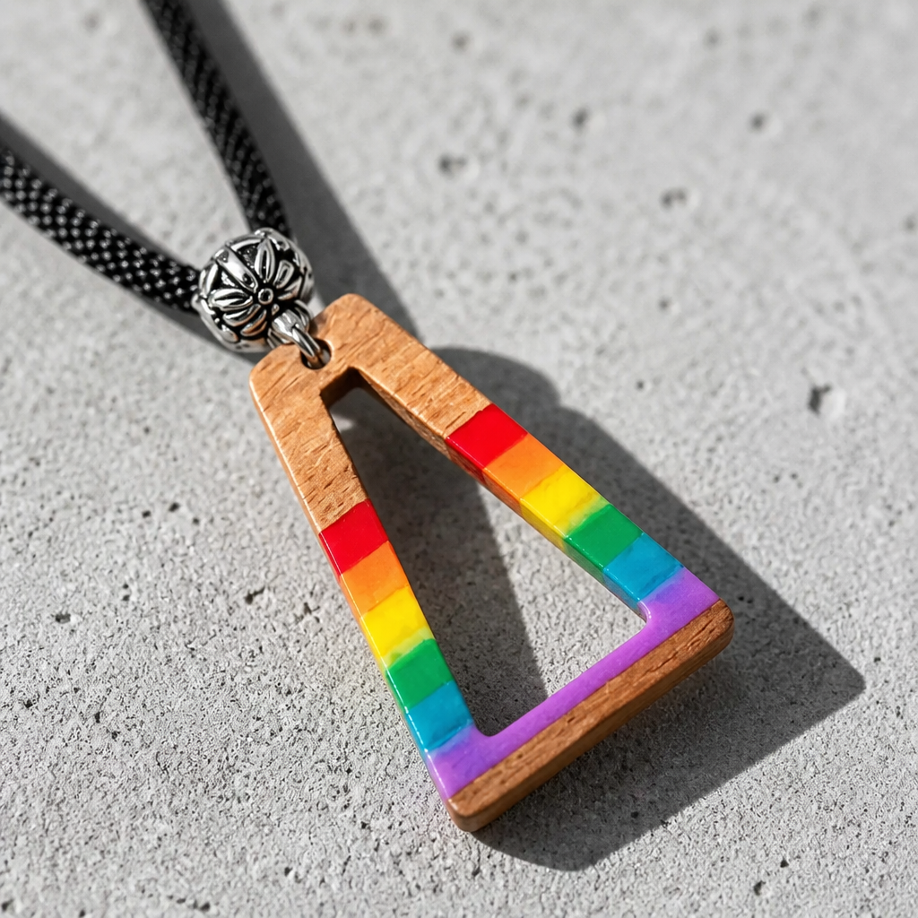 Rainbow geometric pendant necklace with colorful Pride stripes and black cord