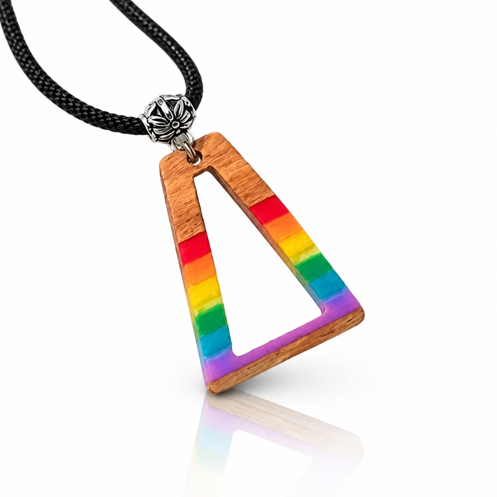 Rainbow geometric pendant necklace with colorful Pride stripes and black cord