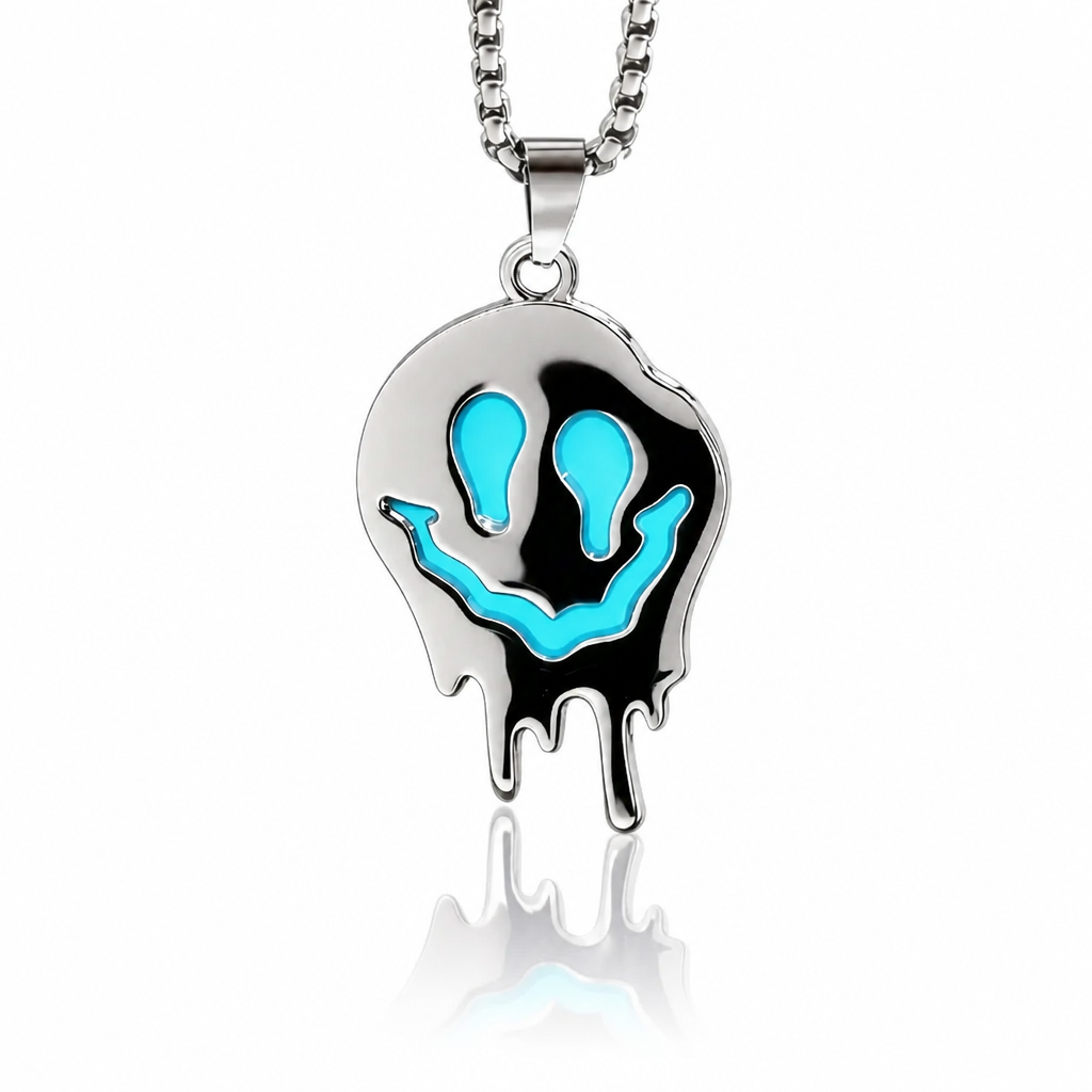 Glow-in-the-dark blue ghost pendant necklace with polished stainless steel finish