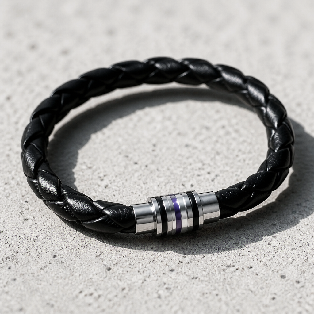 Black braided Asexual Pride bracelet with black gray white and purple enamel accents