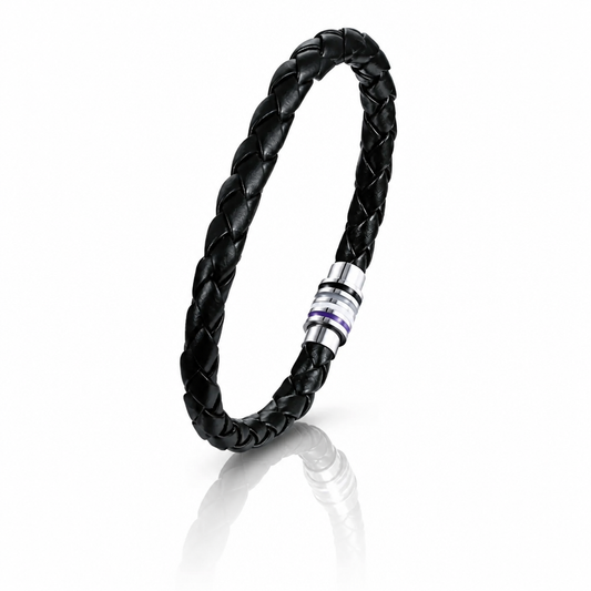 Black braided Asexual Pride bracelet with black gray white and purple enamel accents