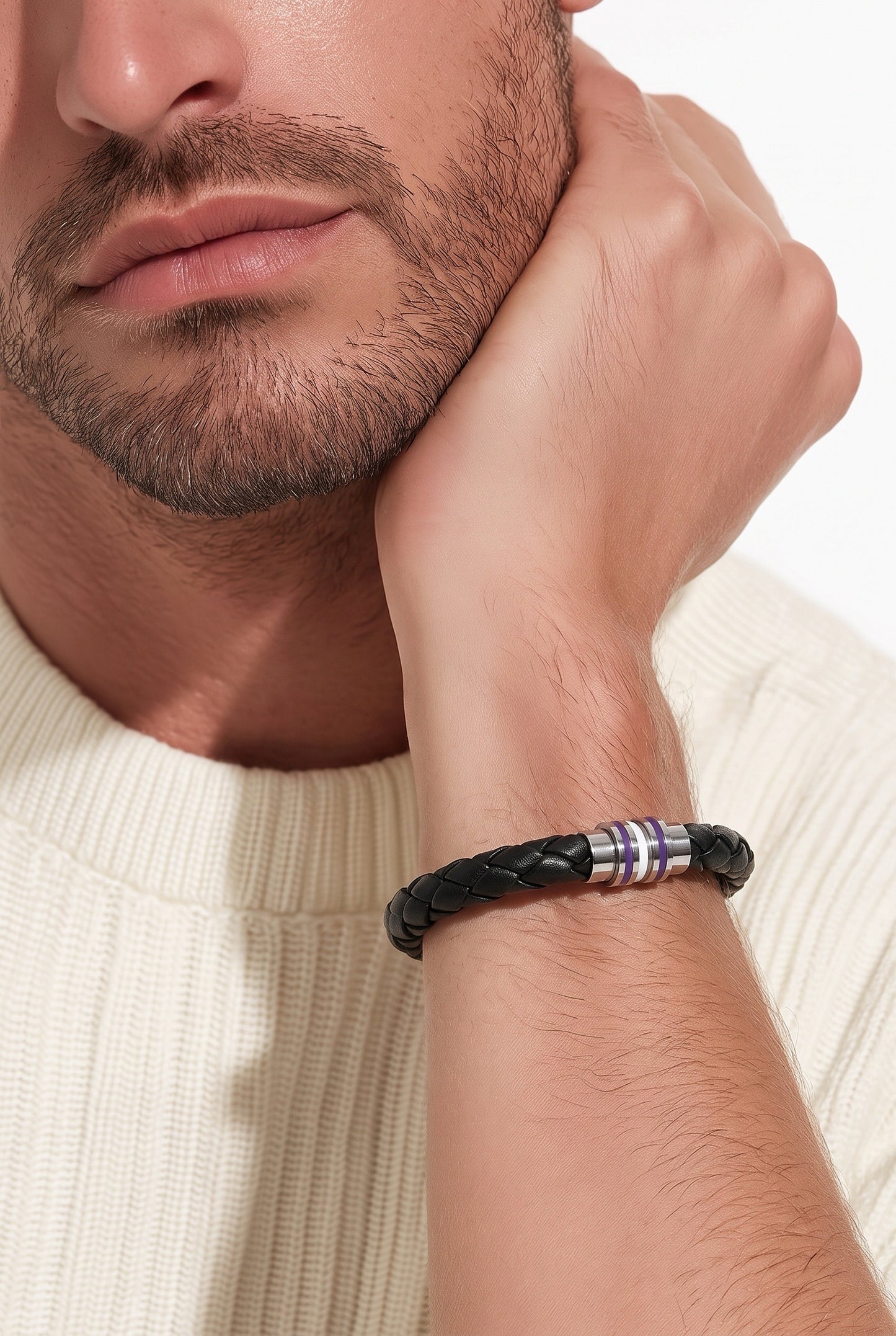 model wearing Black braided Asexual Pride bracelet with black gray white and purple enamel accents