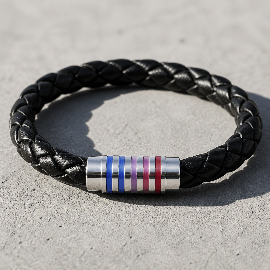 Black braided Bisexual Pride bracelet with pink purple and blue enamel accents