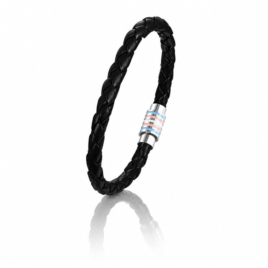 Black braided Transgender Pride bracelet with blue pink and white enamel accents