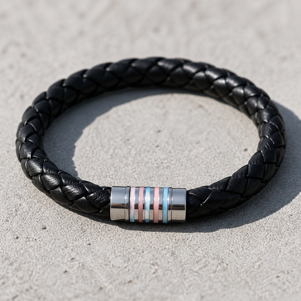 Black braided Transgender Pride bracelet with blue pink and white enamel accents