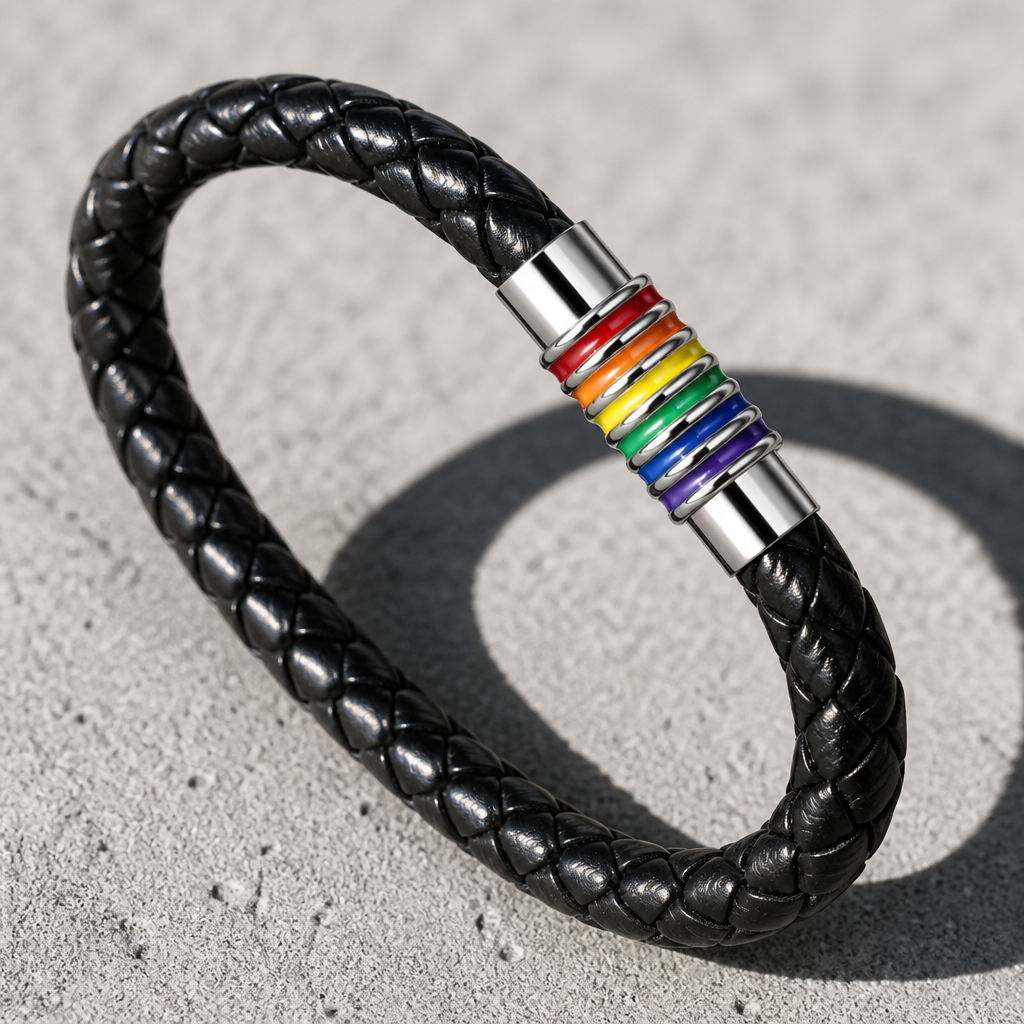 Black braided Rainbow Pride bracelet with colorful enamel accents