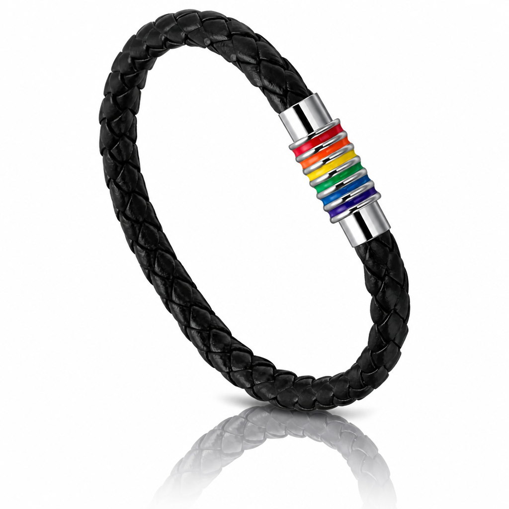 Black braided Rainbow Pride bracelet with colorful enamel accents