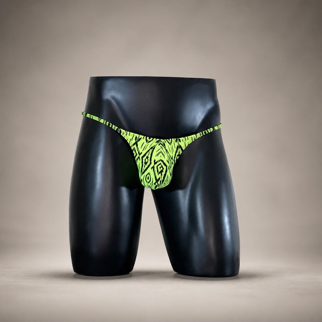 Front view of Acid Ikat neon geometric-print men's Muscle thong by PapiMalo Gear