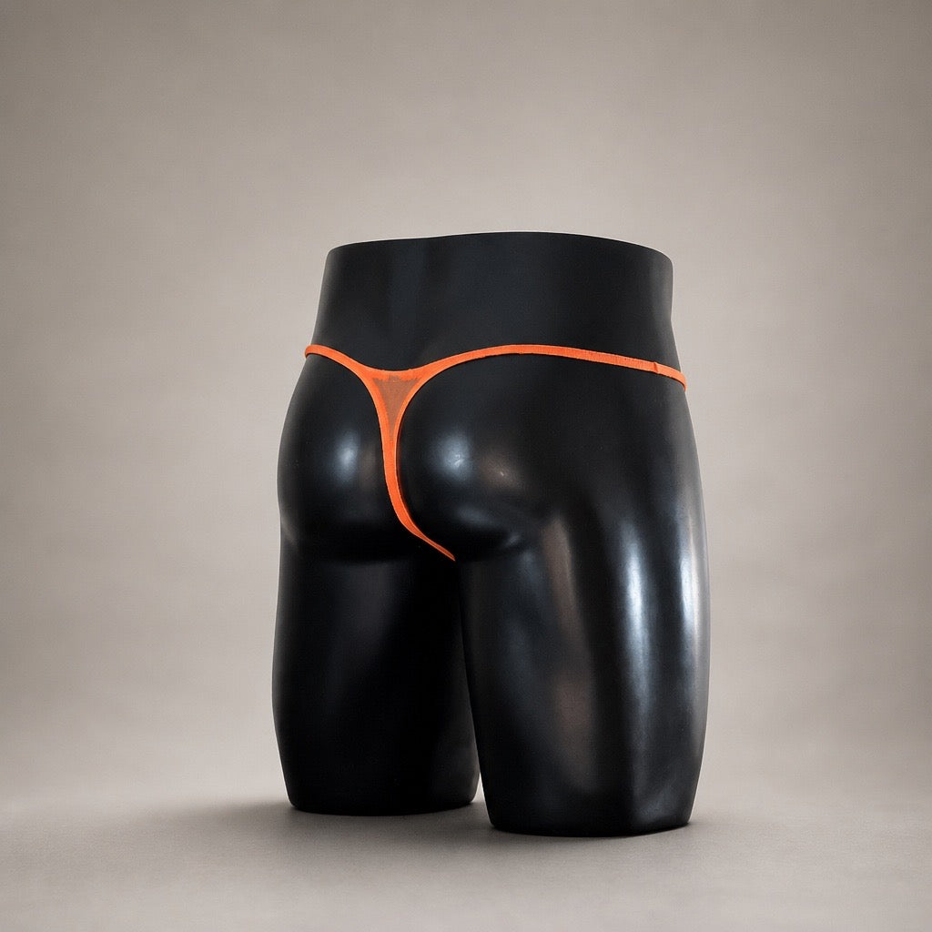 Rear Side View of Fireline Muscle Thong orange sheer men’s thong by PapiMalo Gear