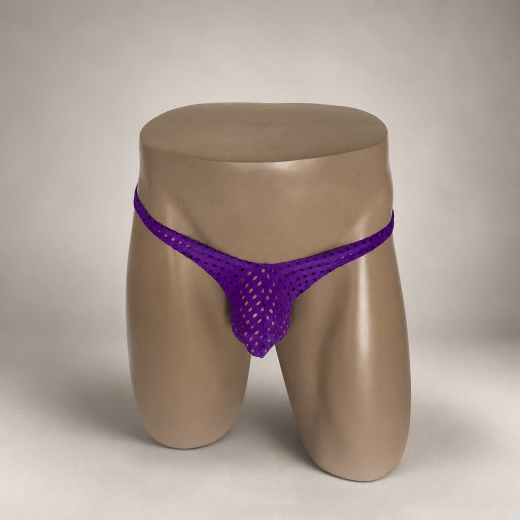 Front view of Purple Rush purple perforated men’s Classic thong by PapiMalo Gear