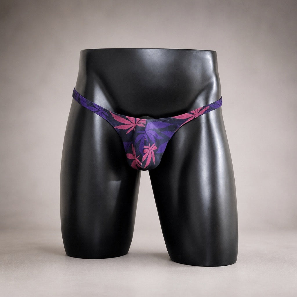 Front view of Midnight Garden black, pink and purple men’s Classic thong by PapiMalo Gear