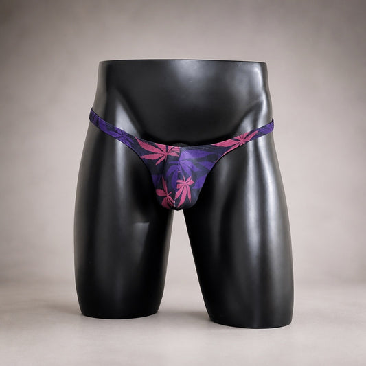 Front view of Midnight Garden black, pink and purple men’s Classic thong by PapiMalo Gear