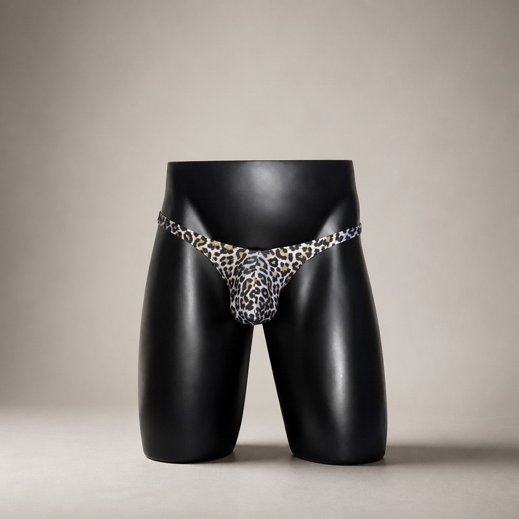 Front view of After Hours Leopard print men’s Classic thong by PapiMalo Gear