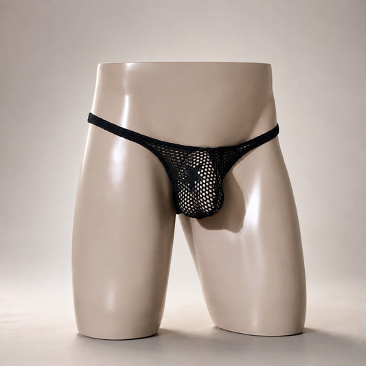 Front view of Blackout black open mesh men’s Classic thong by PapiMalo Gear