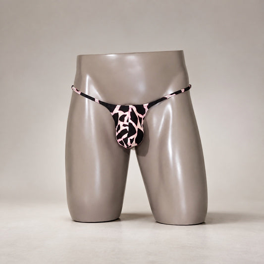 Front View of Pink Safari black and pink animal-print men's Muscle thong by PapiMalo Gear