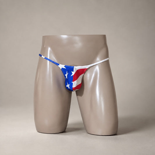 Front View of Stars & Stripes red, white and blue flag-print men’s Muscle thong by PapiMalo Gear