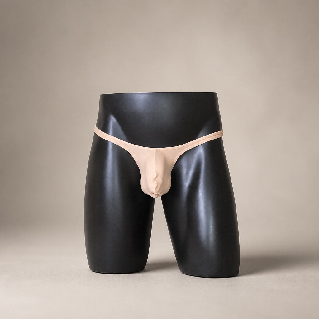 Front view of PapiMalo Nude Classic men’s thong in soft beige
