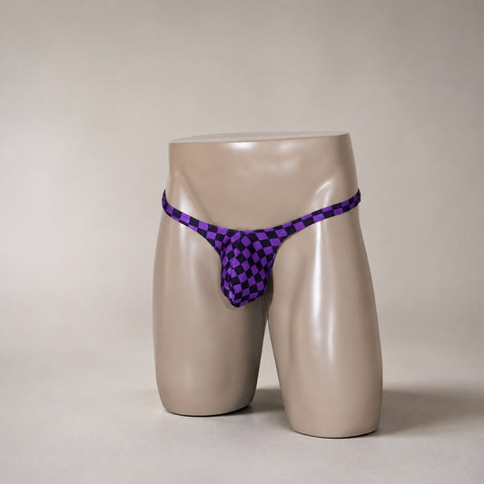 Front view of PapiMalo Midnight Grid purple and black Classic thong