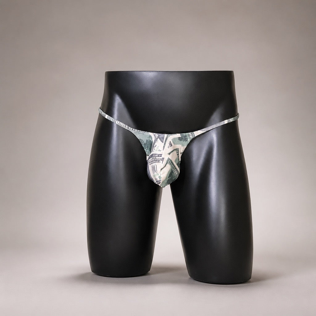 Front View of Money Maker currency-print men’s Muscle thong by PapiMalo Gear