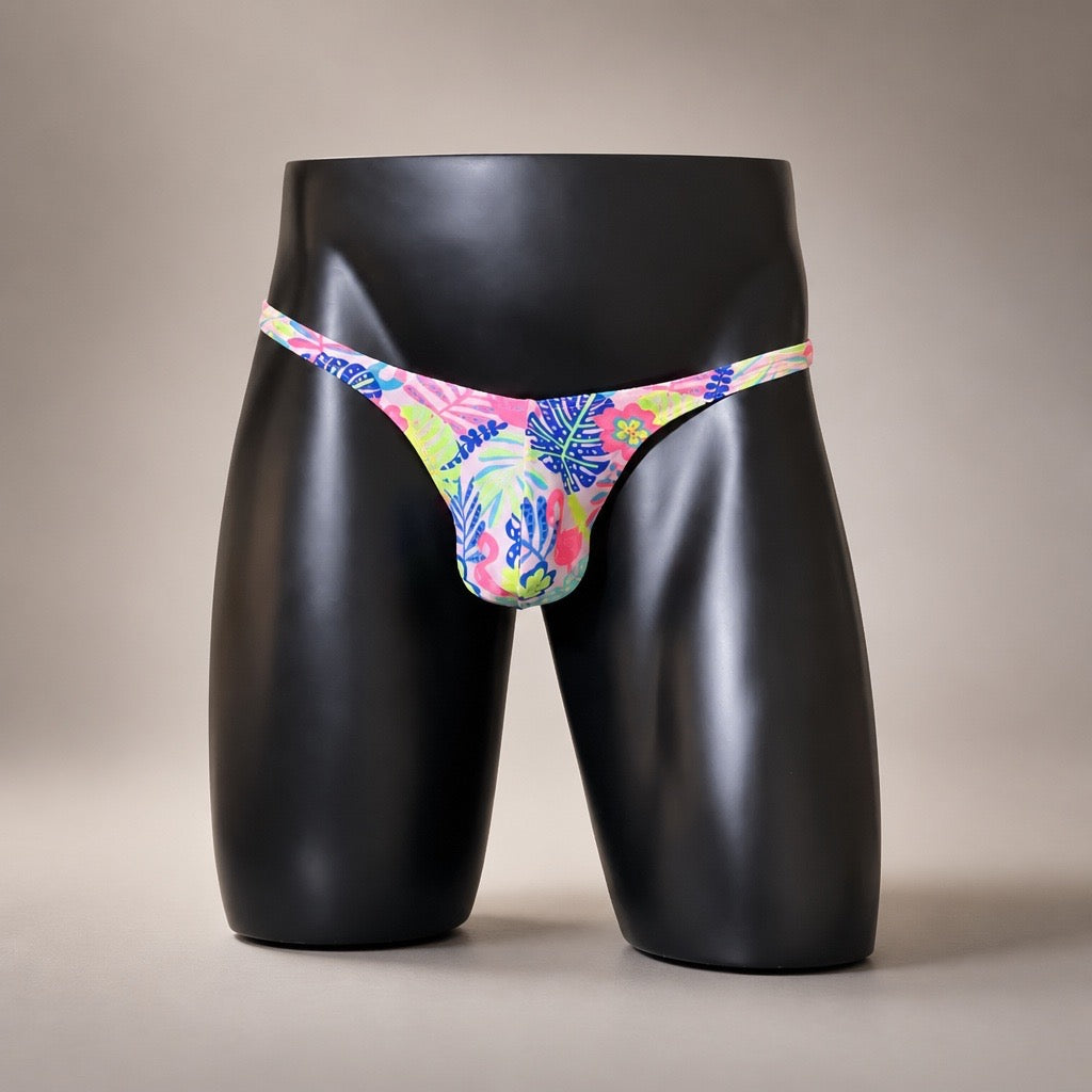 Front View of Palm Springs Afterglow Classic Thong colorful tropical men’s thong by PapiMalo Gear