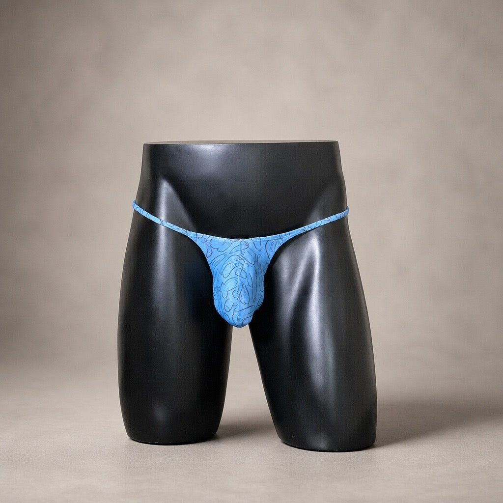 Front view of Blue Sketch light blue printed men's Muscle thong by PapiMalo Gear