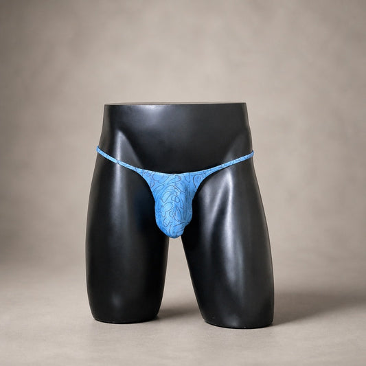 Front view of Blue Sketch light blue printed men's Muscle thong by PapiMalo Gear