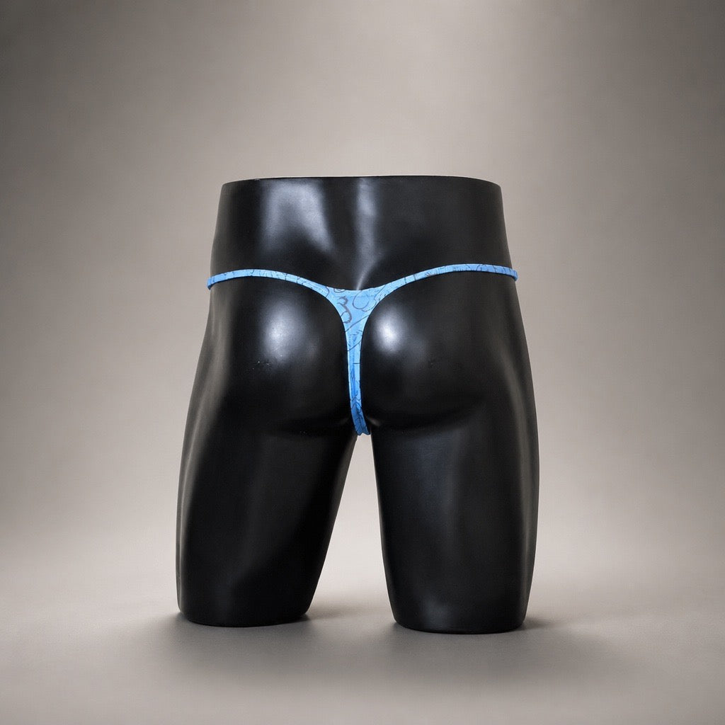 Rear view of Blue Sketch light blue printed men's Muscle thong by PapiMalo Gear