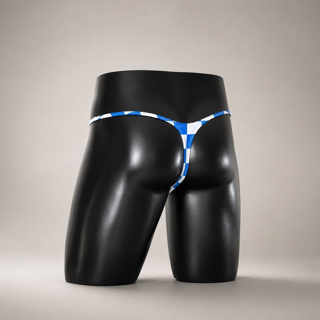 Back view of Duo Blue Velocity blue-and-white checkerboard men's Muscle thong by PapiMalo Gear