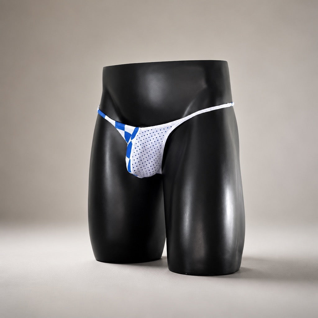 Front angle of Duo Blue Velocity split-panel blue and white men's Muscle thong by PapiMalo Gear