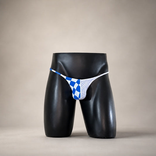 Front view of Duo Blue Velocity blue checkerboard and white mesh men's Muscle thong by PapiMalo Gear