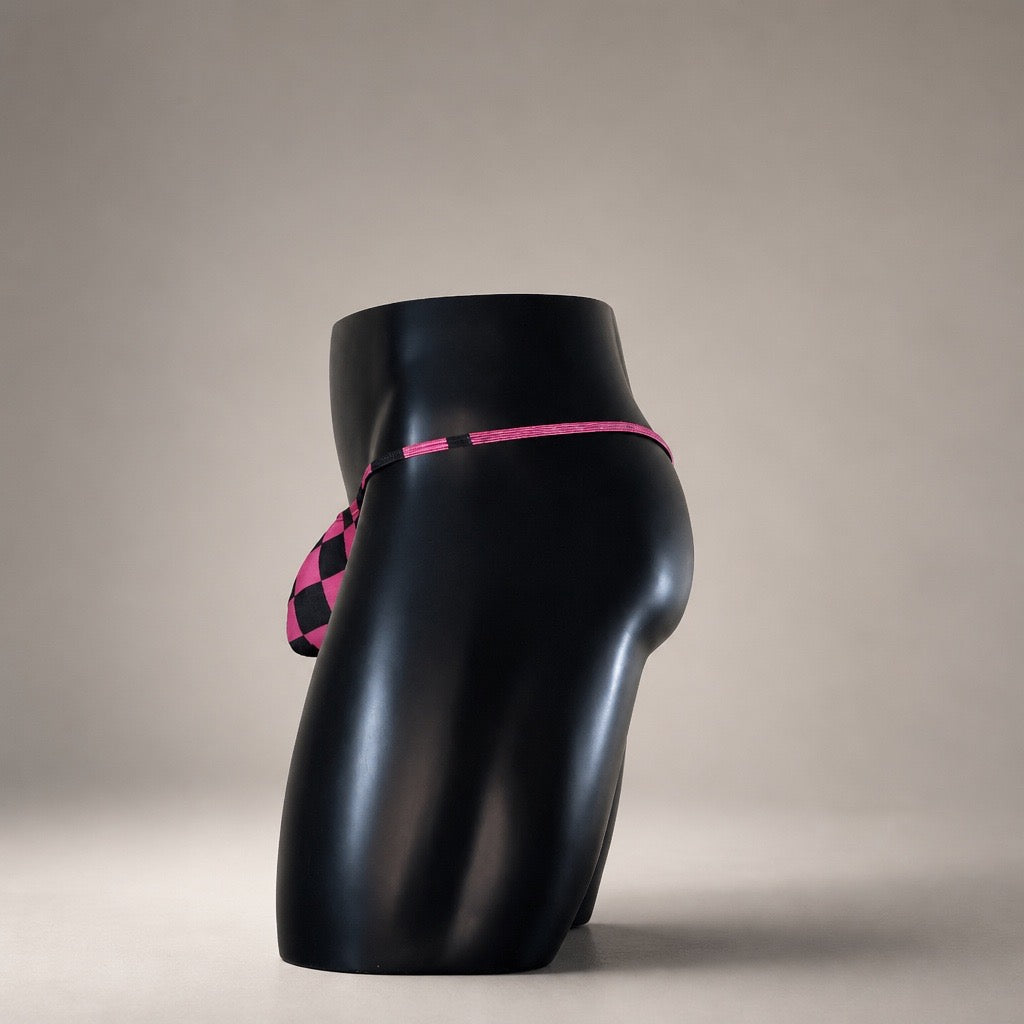 Side view of Warp Speed pink and black Muscle thong with slim waistband by PapiMalo Gear