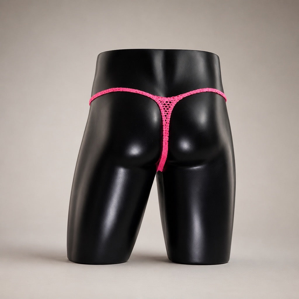 Back View of Pink Voltage Muscle Thong with narrow hot pink mesh thong back by PapiMalo Gear
