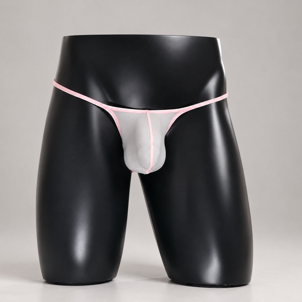 Front view of Pink Reveal sheer-look white pouch Muscle thong with pink trim by PapiMalo Gear