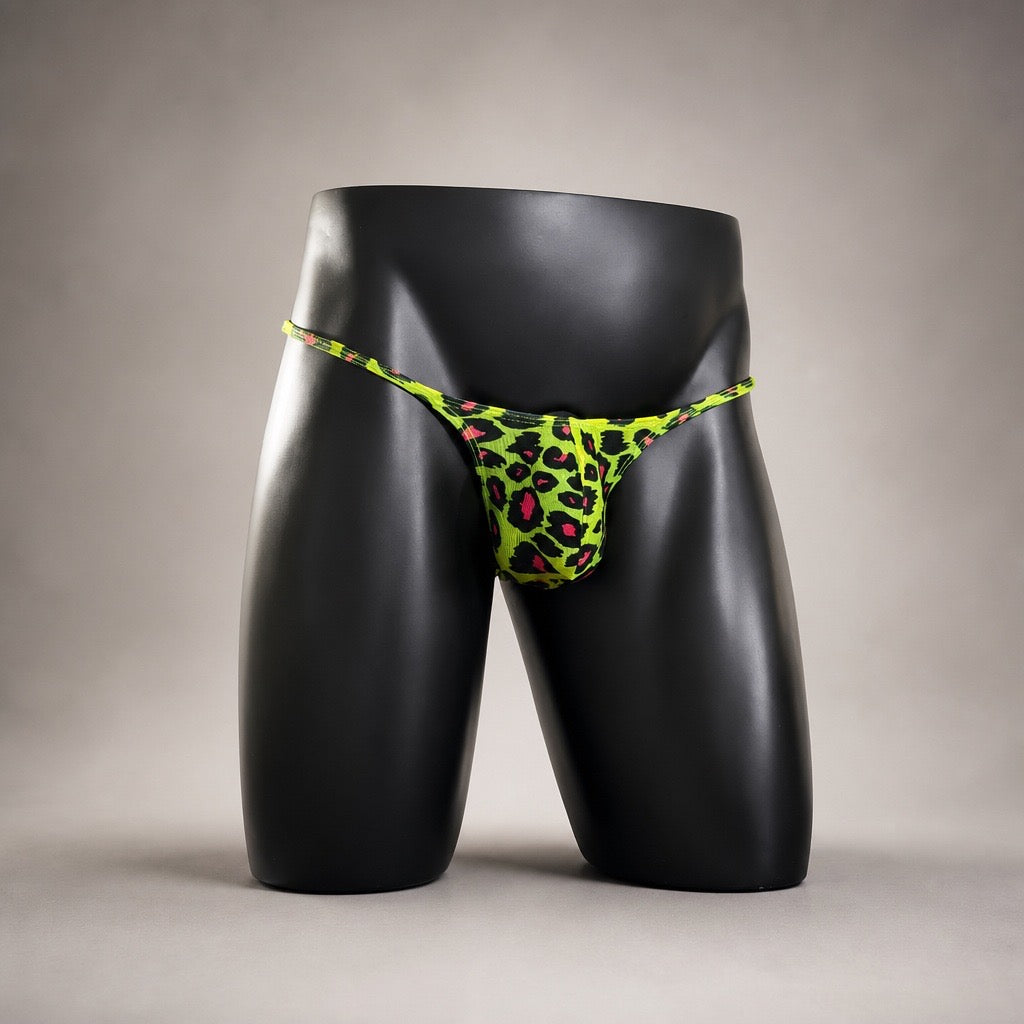 Front View of Acid Cat Muscle Thong neon lime leopard-print men’s thong by PapiMalo Gear