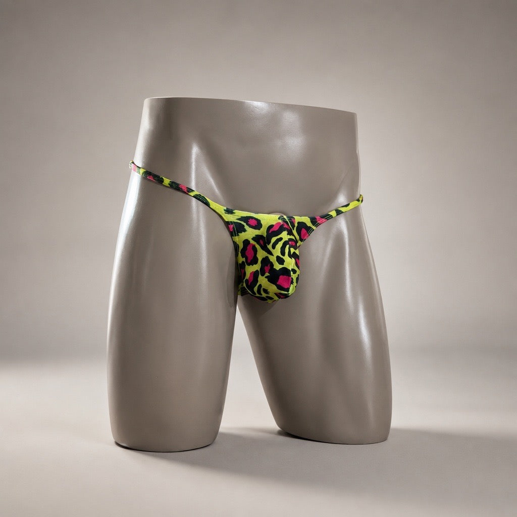 Alternate Front View of Acid Cat Muscle Thong with black and hot pink leopard print by PapiMalo Gear