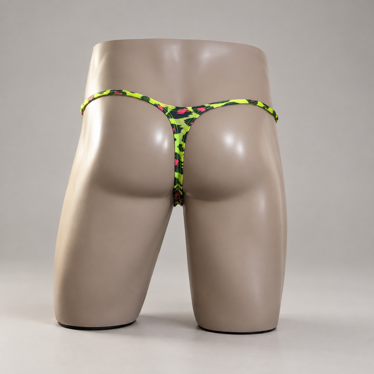 Back View of Acid Cat Muscle Thong lime, black and pink leopard print by PapiMalo Gear