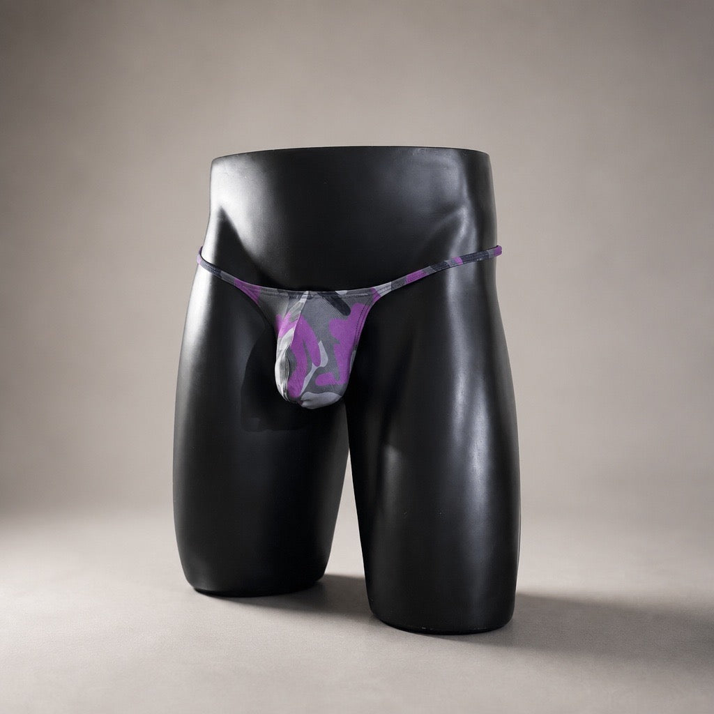 Alternate Front View of Purple Recon Muscle Thong purple, gray and black camo print by PapiMalo Gear