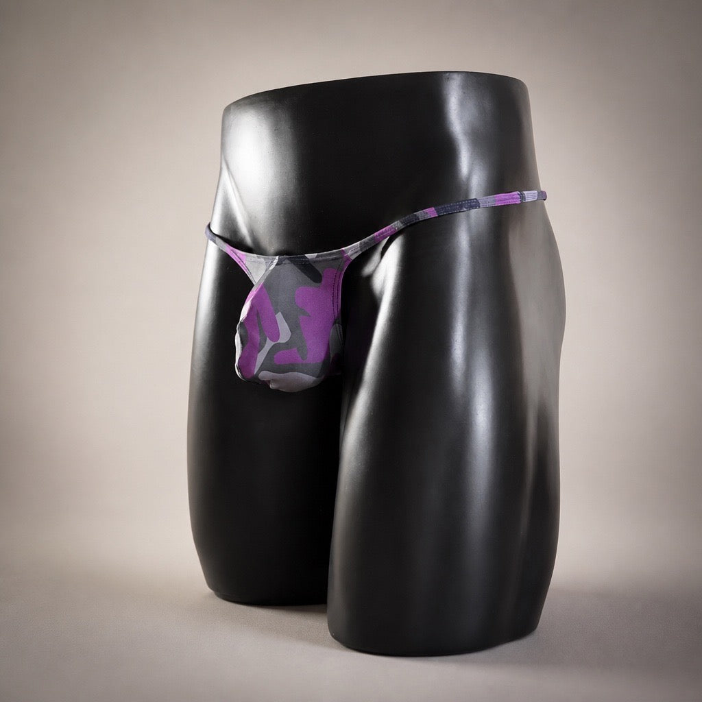 Front Side View of Purple Recon Muscle Thong purple, gray and black camo men’s thong by PapiMalo Gear